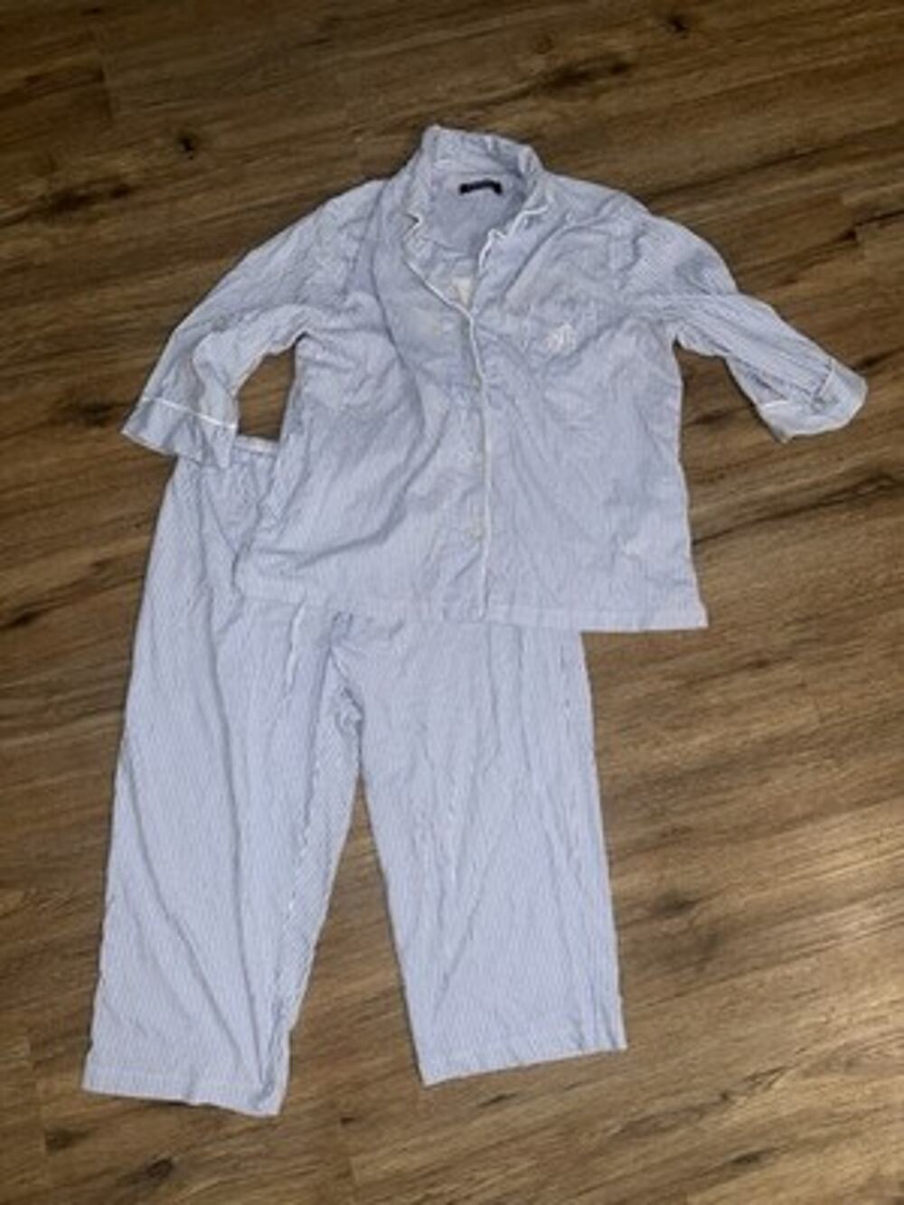 Ralph Lauren Pajama Set XL Women Blue White Stripe Pj Button Up Pants Loungewear